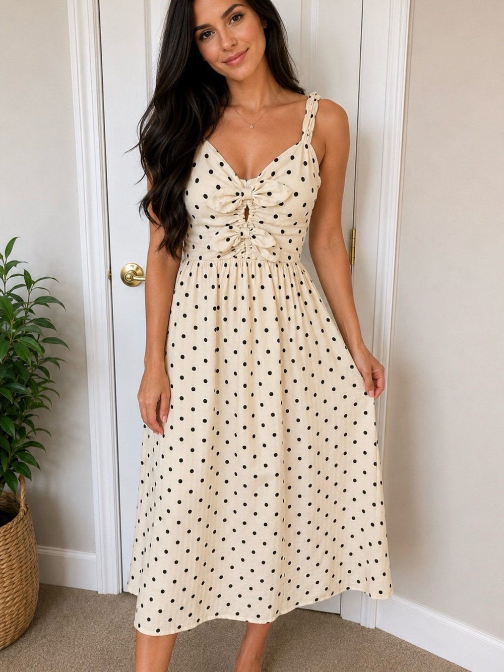 AUREUM Cream and Black Polka Dot Bow-Front Dress